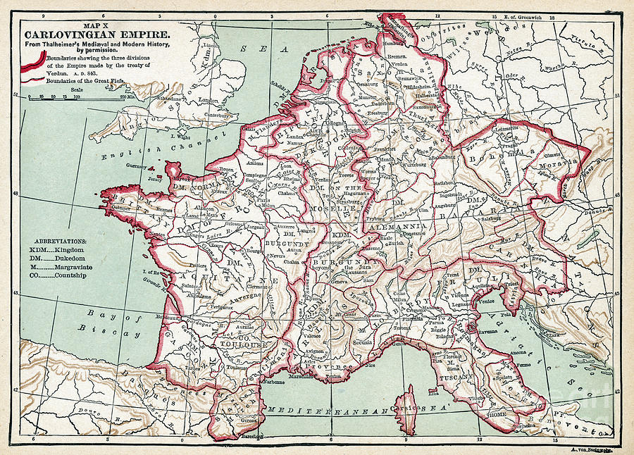 Carolingian Empire Map, 843 A.d.  Drawing by Granger