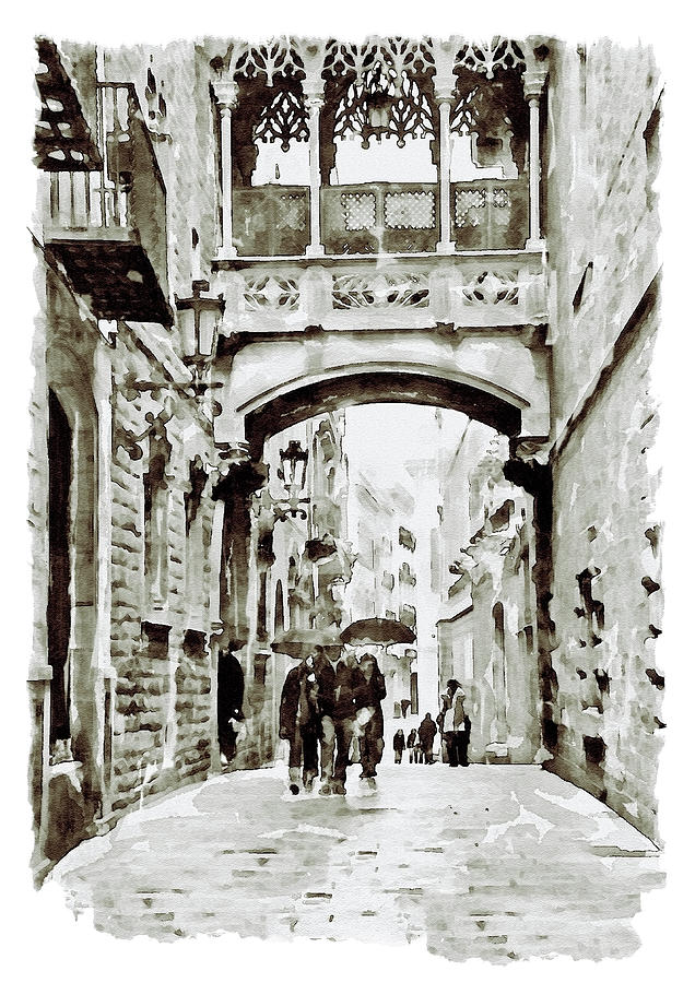 Architecture Painting - Carrer del Bisbe - Barcelona Black and White by Marian Voicu