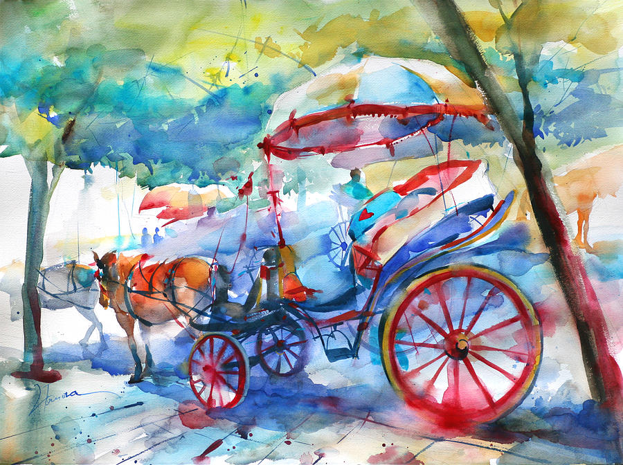 Horse Painting - Carriages in Corfu by Lyudmila Tomova