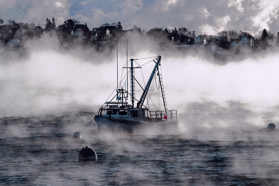 Carrie and Kayla Moored in Sea Smoke Photograph by Marty Saccone