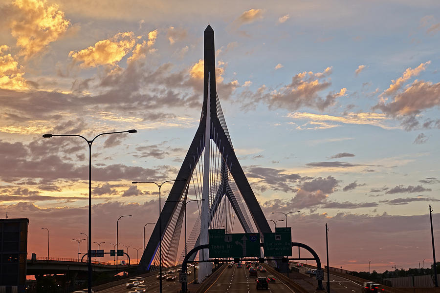 Cars on the move- Lenny Zakim Bridge Sunset Photograph by Toby McGuire