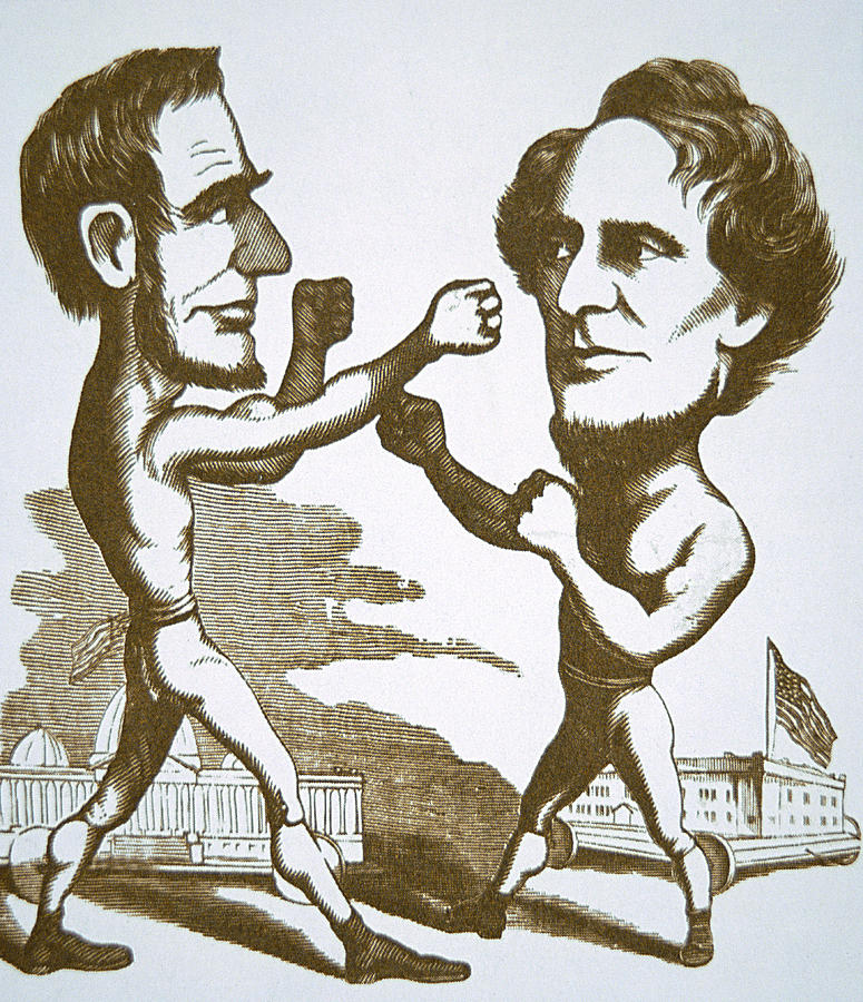 Cartoon depicting Abraham Lincoln squaring up to Jefferson Davis