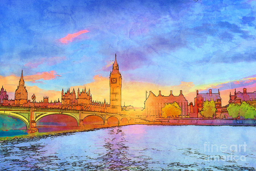 Cartoon style illustration of Big Ben and Westminster Bridge, London, the UK Photograph by Michal Bednarek
