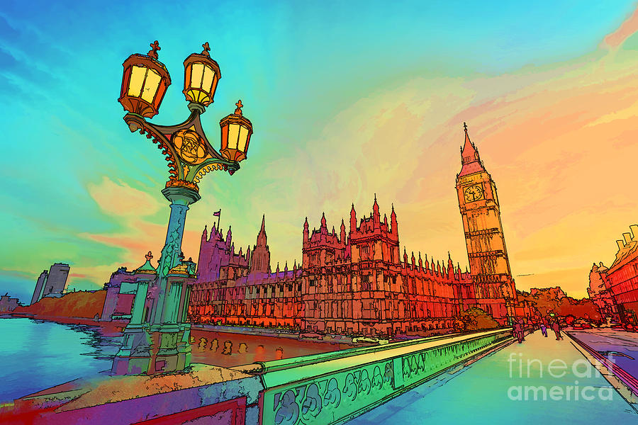 Cartoon style illustration of Big Ben seen from Westminster Bridge, London, the UK Photograph by Michal Bednarek