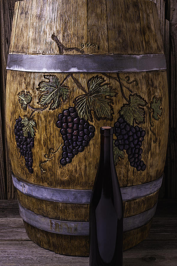Wine Photograph - Carved Grapes On Wine Barrel by Garry Gay