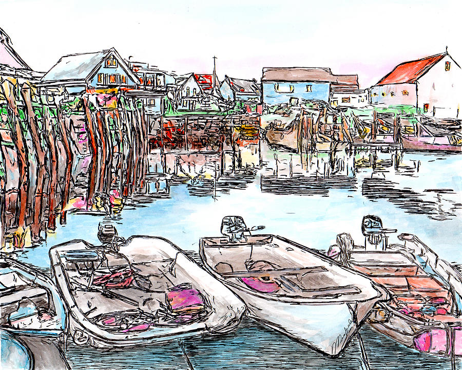 Carvers Harbour with Boats , Vinal Haven,  Maine Drawing by Michele A Loftus