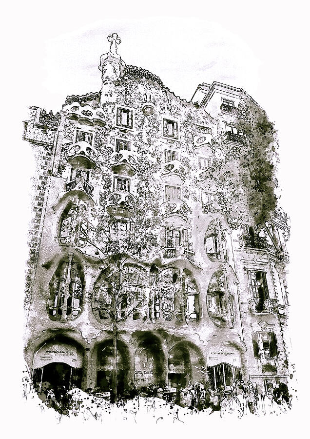 Casa Batllo Barcelona Black and White Painting by Marian Voicu