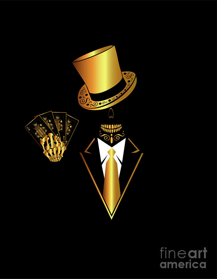 Dice Digital Art - Casino logo with skull icon and cards, gold and black color by Maja Brncic