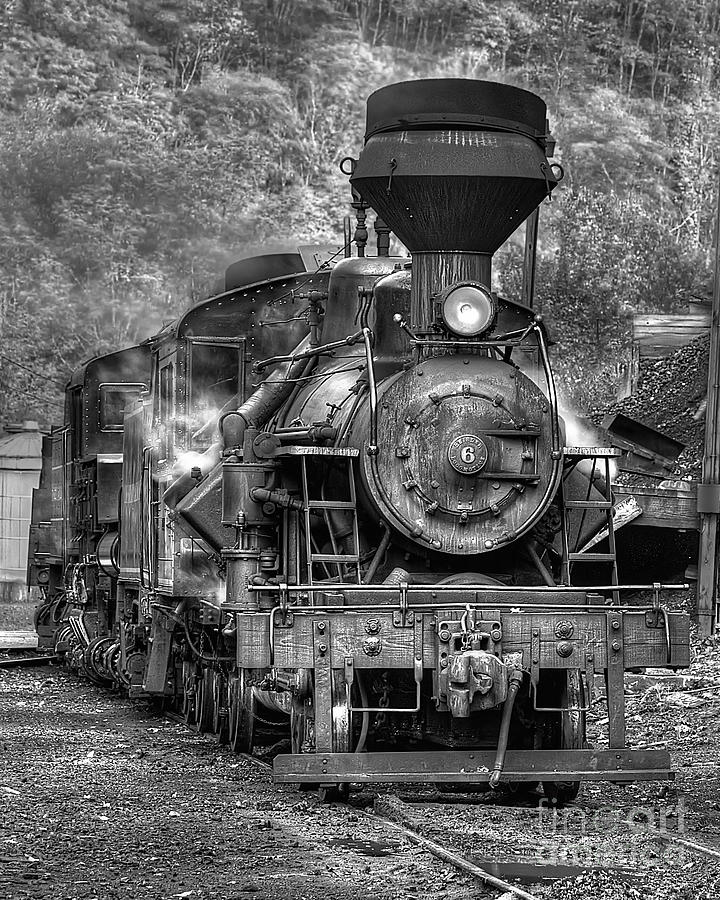 Black And White Photograph - Cass Railroad Engine No 6 bw by Jerry Fornarotto