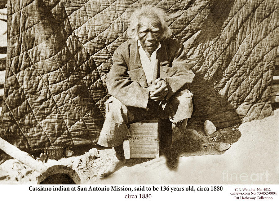 San Antonio Mission Photograph - Cassiano Indian at San Antonio Mission, 136 years old, Monterey Co., Cal. circa 1880 by Monterey County Historical Society