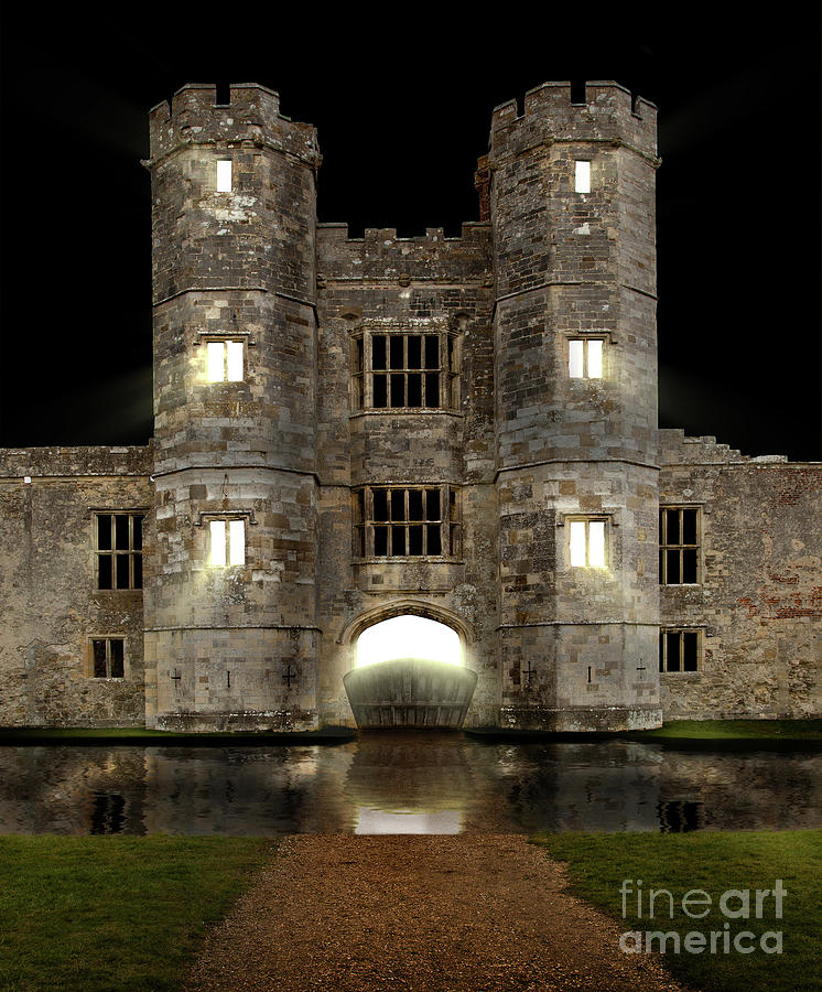 Castle at night with moat and lights glowing Photograph by Simon Bratt