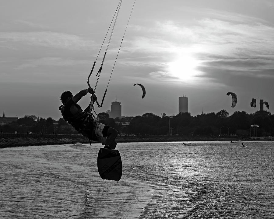 Castle Island Kite Boarder Boston MA Sunset Black and White Photograph by Toby McGuire