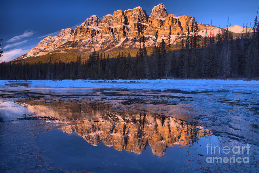 Castle Mountain Afternoon Icy Reflections In The Bow River Photograph by Adam Jewell