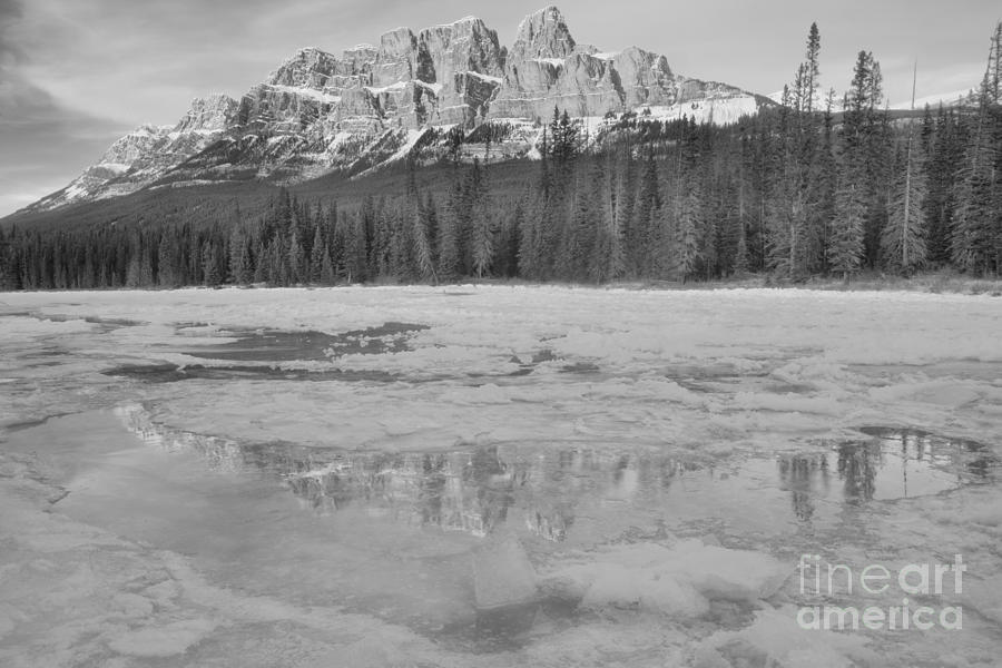 Castle Mountain Icy Blue Reflections Black And White Photograph by Adam Jewell