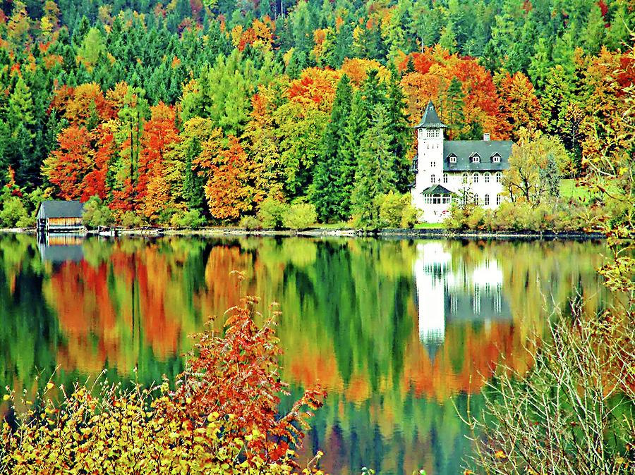 Castle on the Lake, Lake District, Salzburg, Austria Digital Art by Joseph Hendrix