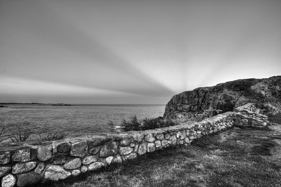 Castle Rock Sunset Sunrays Marblehead MA Black and White Photograph by Toby McGuire