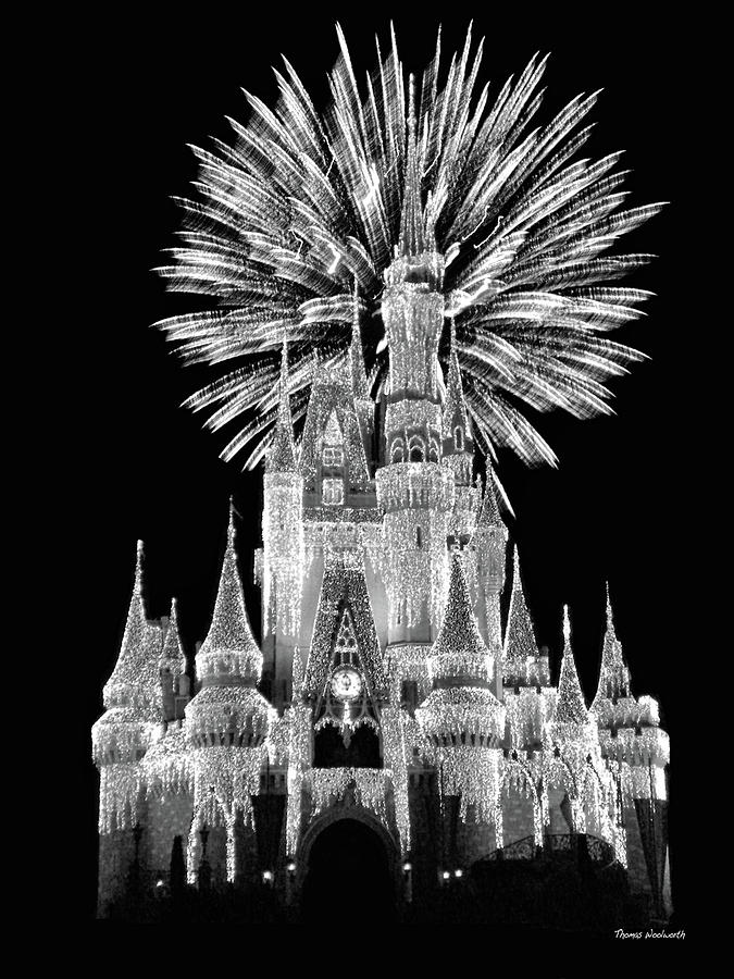 Black And White Photograph - Castle With Fireworks in Black and White Walt Disney World MP by Thomas Woolworth