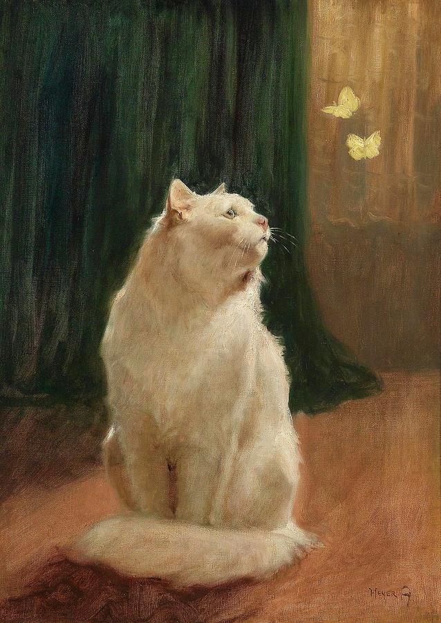 Cat And Butterflies Painting by Arthur Heyer