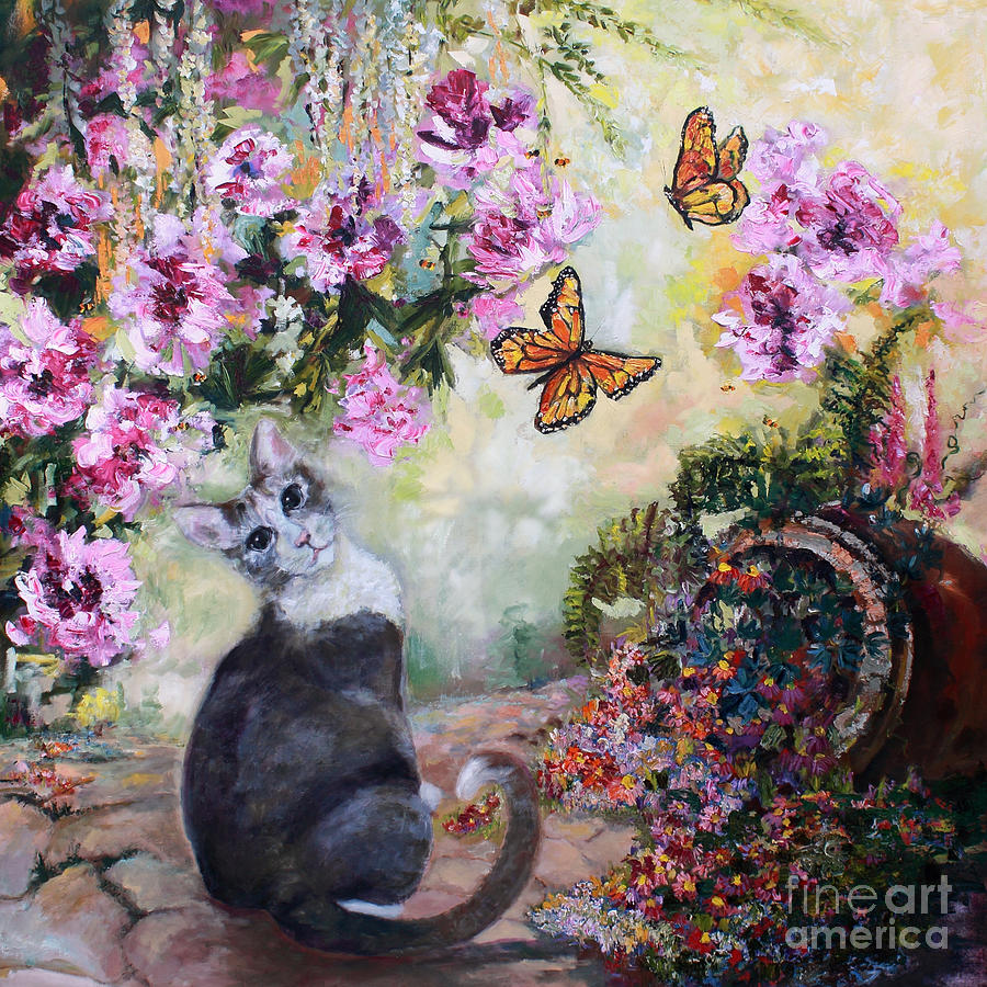 Cat and Butterflies in Cottage Garden Painting by Ginette Callaway