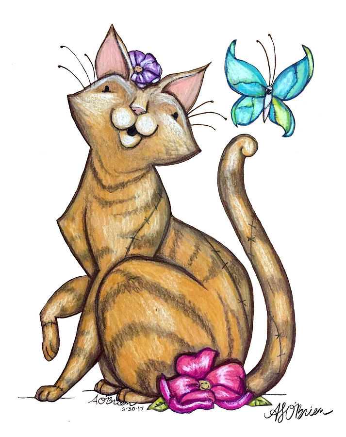 Cat and butterfly Drawing by Amber O'Brien Fine Art America