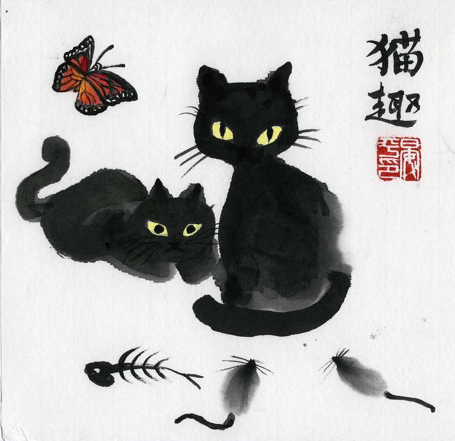Cat And Butterfly Painting by Ping Yan