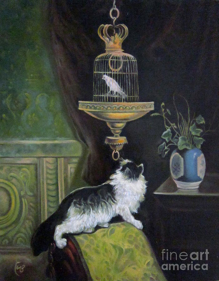 Still Life Painting - Cat and Canary Cage by Farideh Haghshenas