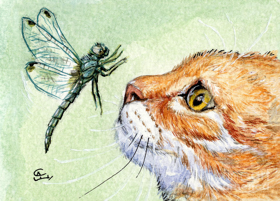 Cat and Dragonfly  Painting by Svetlana Ledneva-Schukina