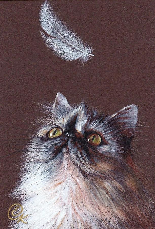 Cat and feather Drawing by Elena Kolotusha