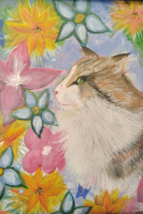 Flower Painting - Cat and Flowers by Libby Sealy