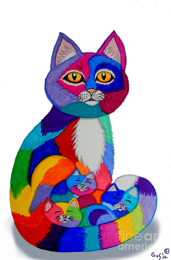 Cat Drawing - Cat and Kittens 2 by Nick Gustafson