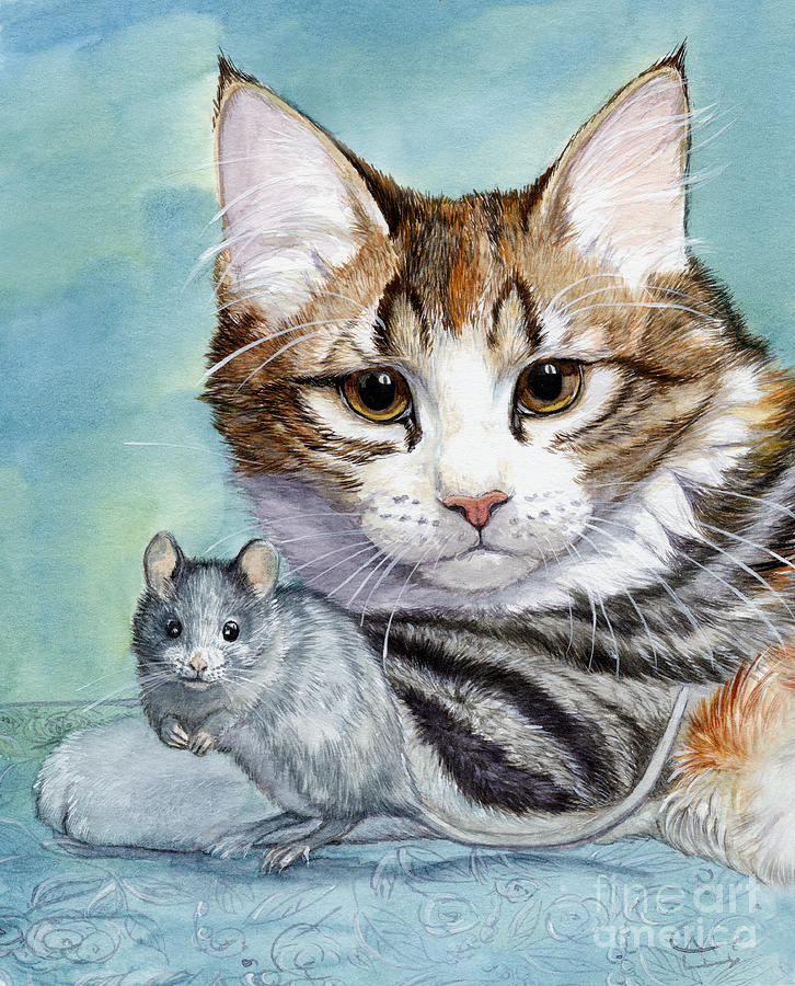 Cat and Mouse Painting by Svetlana Ledneva-Schukina