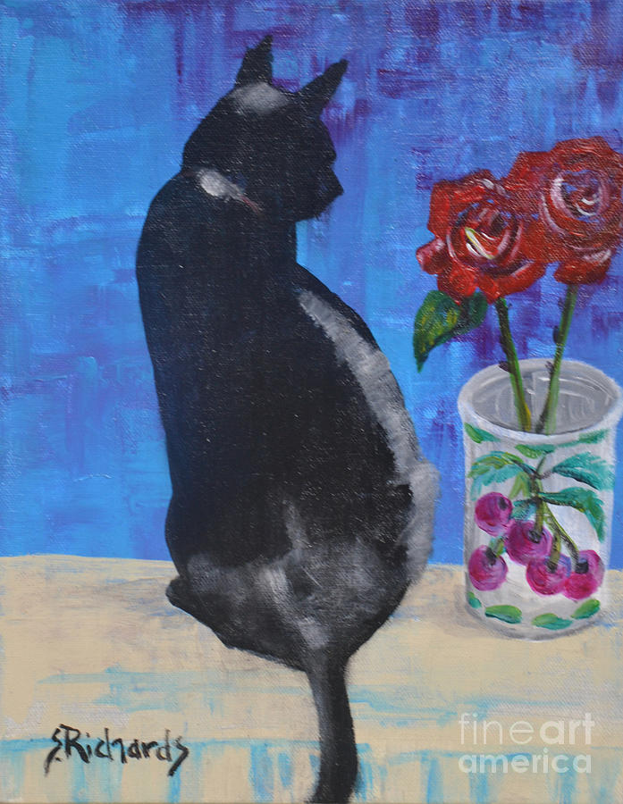 Cat And Red Roses Painting by Sherri Richards