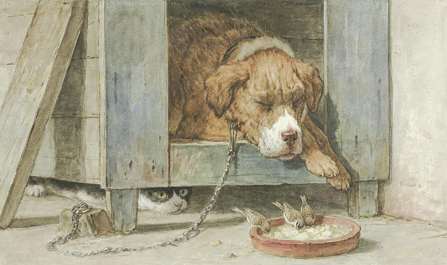 Cat and Sleeping Dog Painting by Henriette Ronner-Knip