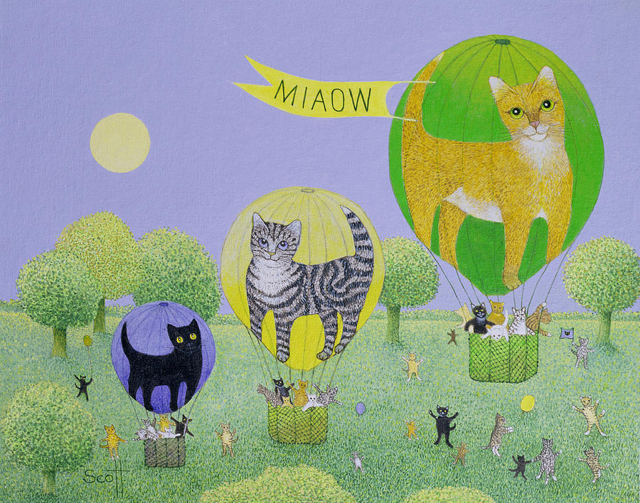 Cat Painting - Cat Balloon Race by Pat Scott