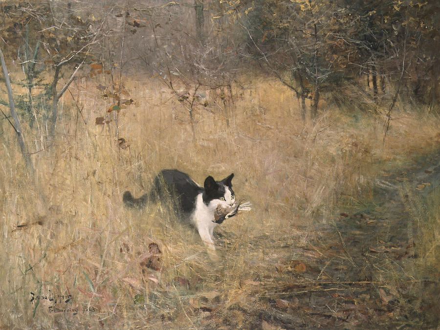 Cat Bird Hunting  Painting by Bruno Liljefors