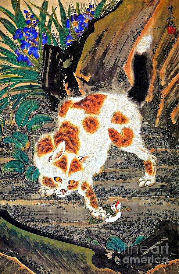 Cat Catching a Frog by Kawanabe Kyosai Japanese Meiji Period Painting by Peter Ogden