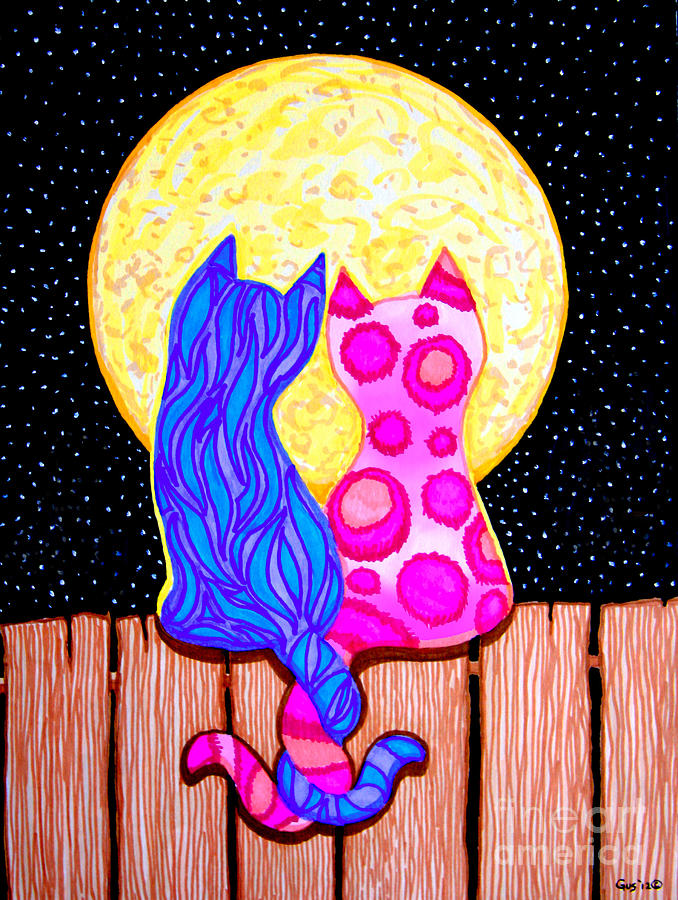 Cat Couple Full Moon Drawing by Nick Gustafson