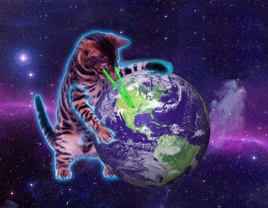 Space Digital Art - Cat destroying the world with eye laser by Johnnie Art