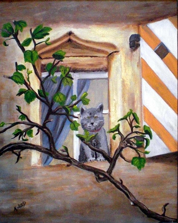 Cat in French Window Painting by Nancy Sisco