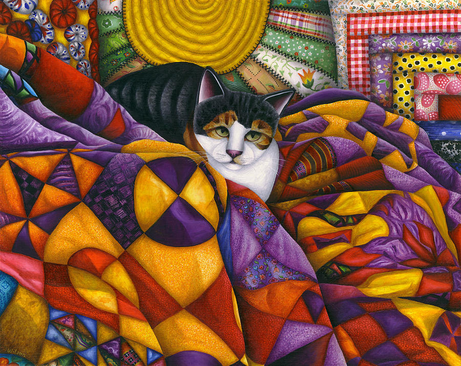 Cat Painting - Cat in Quilts by Carol Wilson