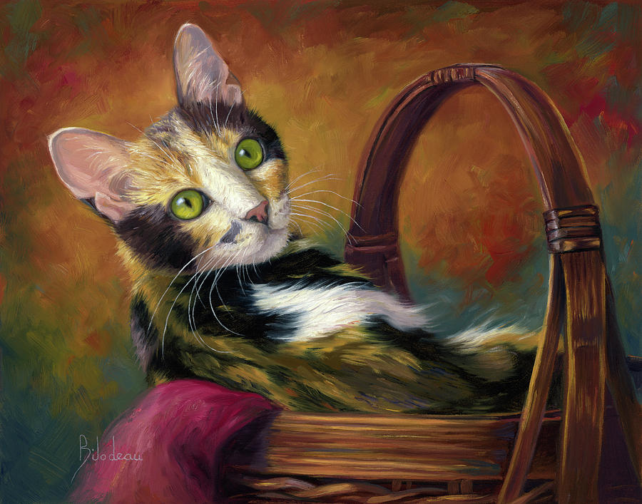 Cat Painting - Cat in the Basket by Lucie Bilodeau