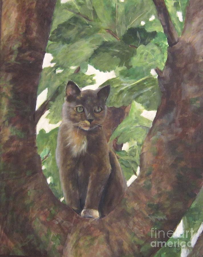 Cat in Tree Painting by Elizabeth Ellis