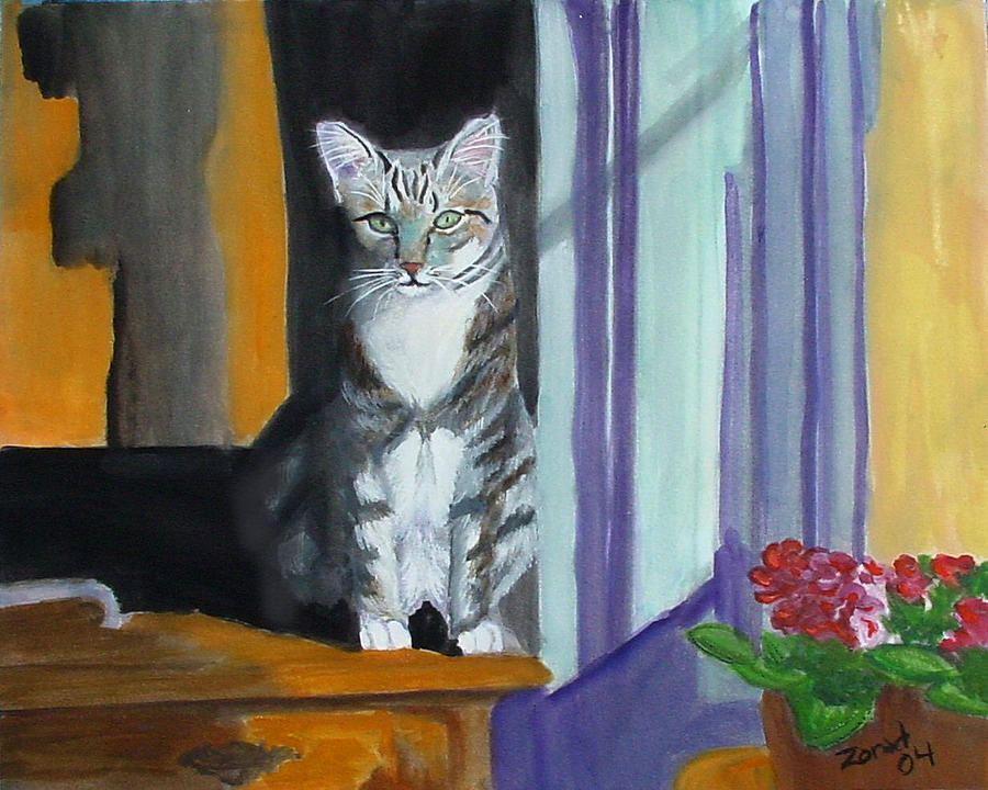 Cat in Window Painting by Mary Jo Zorad