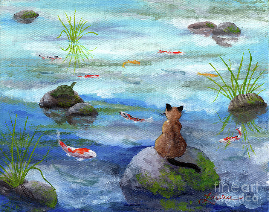 Cat Koi and Turtle Among the Cloud Reflections Painting by Laura Iverson
