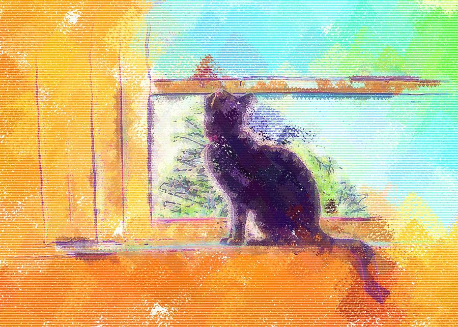 Cat Looking out the Window Digital Art by Nora Martinez
