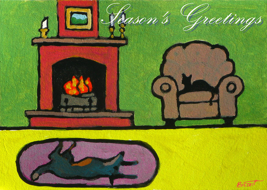 Cat n Dog by Fire Card Painting by Robert Bissett