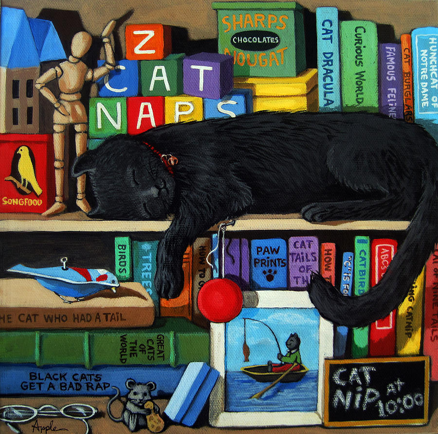 Cat Nap - orginal black cat painting Painting by Linda Apple