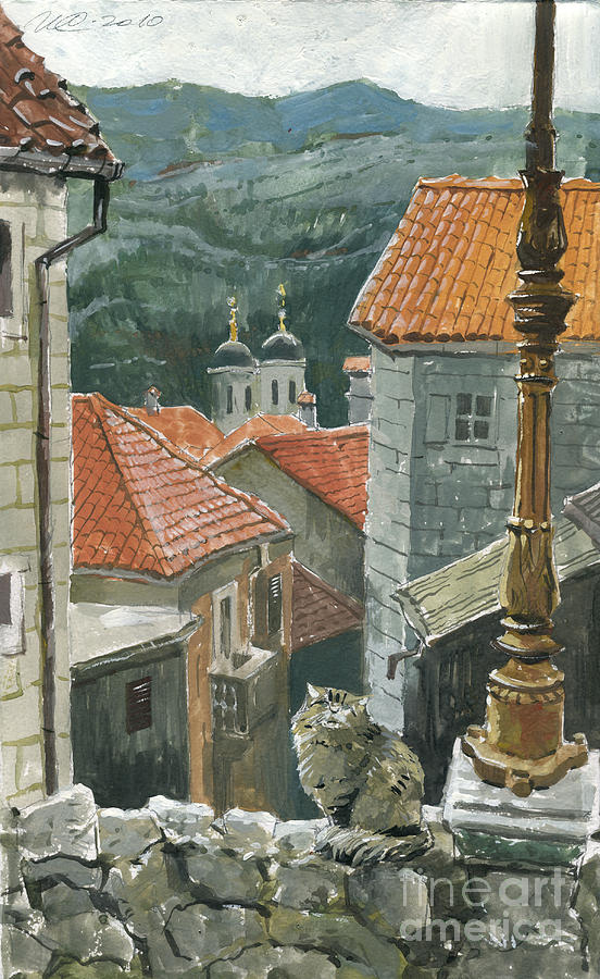 Architecture Painting - Cat Of The Town Of Kotor by Sakurov Igor