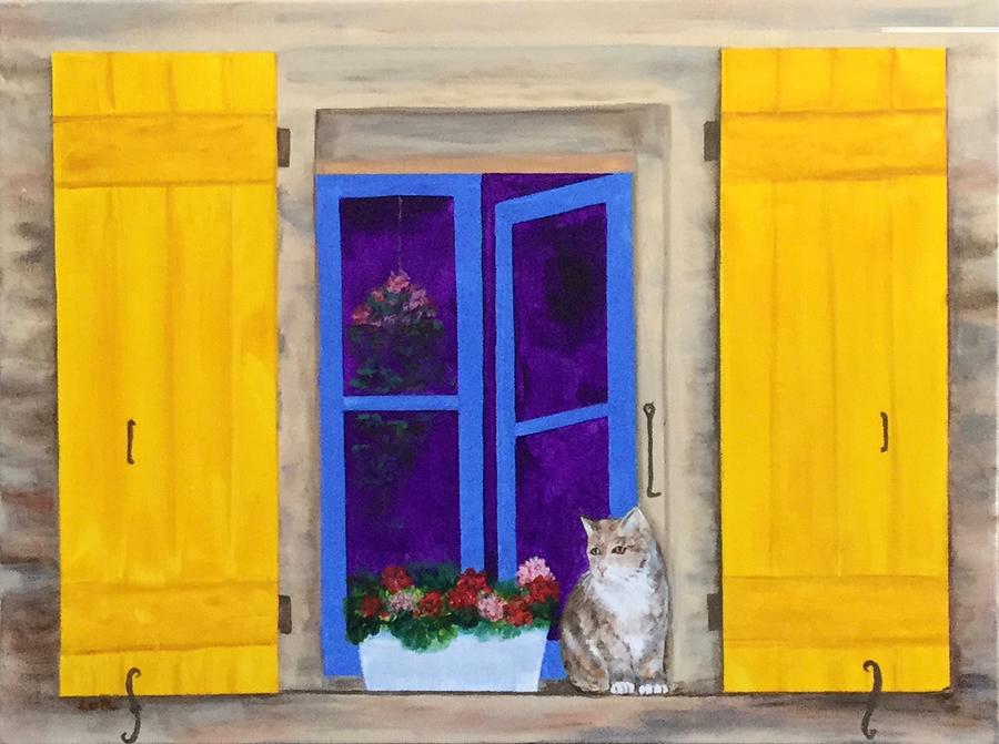 Cat On A Windowsill Painting by Lorraine Centrella
