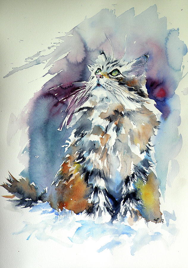 Cat on the snow Painting by Kovacs Anna Brigitta